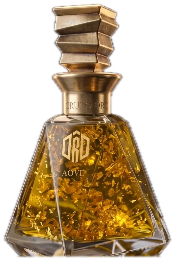 Botella de ORO AOVE Arbequina con láminas de oro de 24 quilates flotando en el aceite